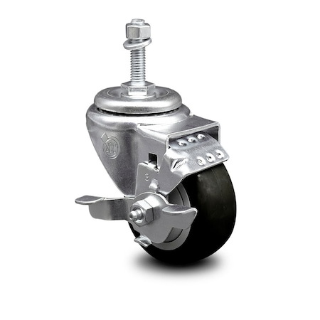 Service Caster 3.5 Inch Black Polyurethane Swivel 3/8 Inch Threaded Stem Caster with Brake SCC SCC-TS20S3514-PPUB-BLK-TLB-381615